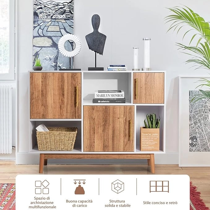 Mobile con 3 Ante e Scompartimenti, Armadietto da Interno Moderno e Versatile, con Gambe, Ideale per Ingresso, Soggiorno e Cucina, 95 x 31 x 76 cm, Bianco e Caffè