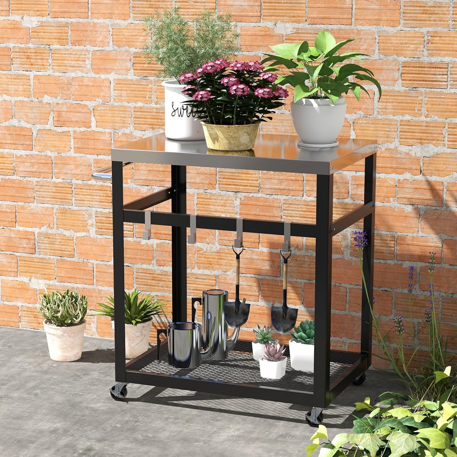 Carrello Grill da Esterno a 2/3 Piani, Supporto per Forno per con Piano e Maniglia in Acciaio Inossidabile, Carrello per Barbecue con Ganci e Ruote, Multiuso(2 Livelli)