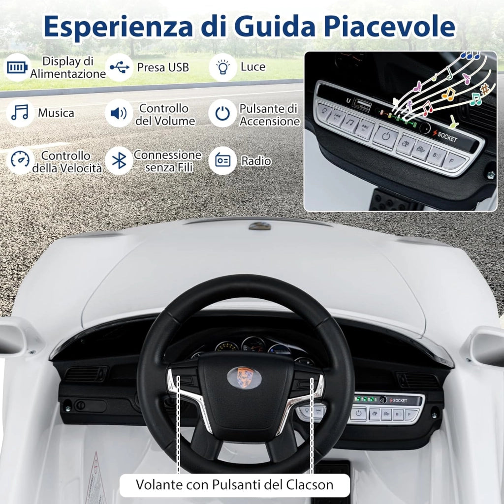 12 V Auto Elettrica per Bambini, Macchina Elettrica Porsche con Licenza Ufficiale, Telecomando, Musica, Luci LED, Clacson e Avvio Morbido, per Bambini 3-8 Anni (Bianco)