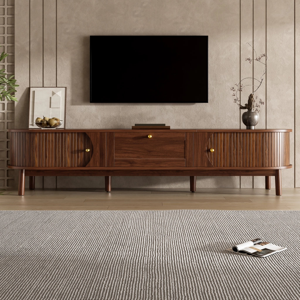 OKWISH Mobile TV con 2 Cassetti e 2 Ante Scorrevoli, Angoli Arrotondati, Gambe in Legno, MDF, Noce 170×39,5×38 cm