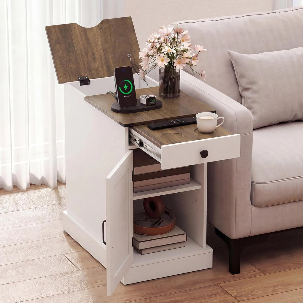 Comodino con stazione di ricarica, tavolino ausiliario con porta, cassetto estraibile, scomparto nascosto, ripiano regolabile, 35 x 60 x 62 cm, per camera da letto, soggiorno