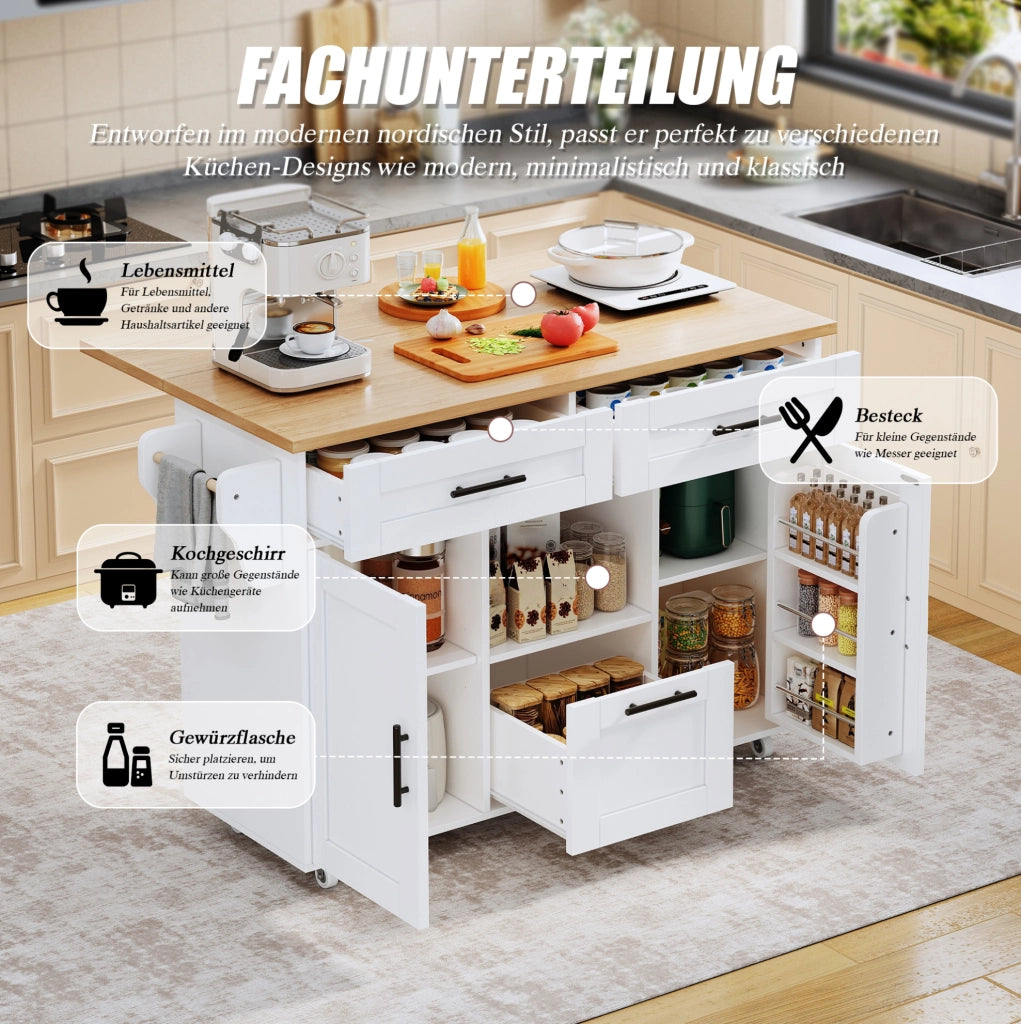 Carrello da cucina con ruote girevoli 120x46(71)x90 cm; bianco; in legno ingegnerizzato