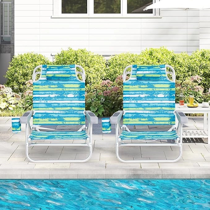 Set di 2 Sedie Pieghevole da Spiaggia, Lounge Sdraio con 5 Posizioni Regolabili, Poltrona da Mare con Cuscino, Porta Asciugamano, Braccioli & Portabicchieri, Portata 150 kg (Verde)