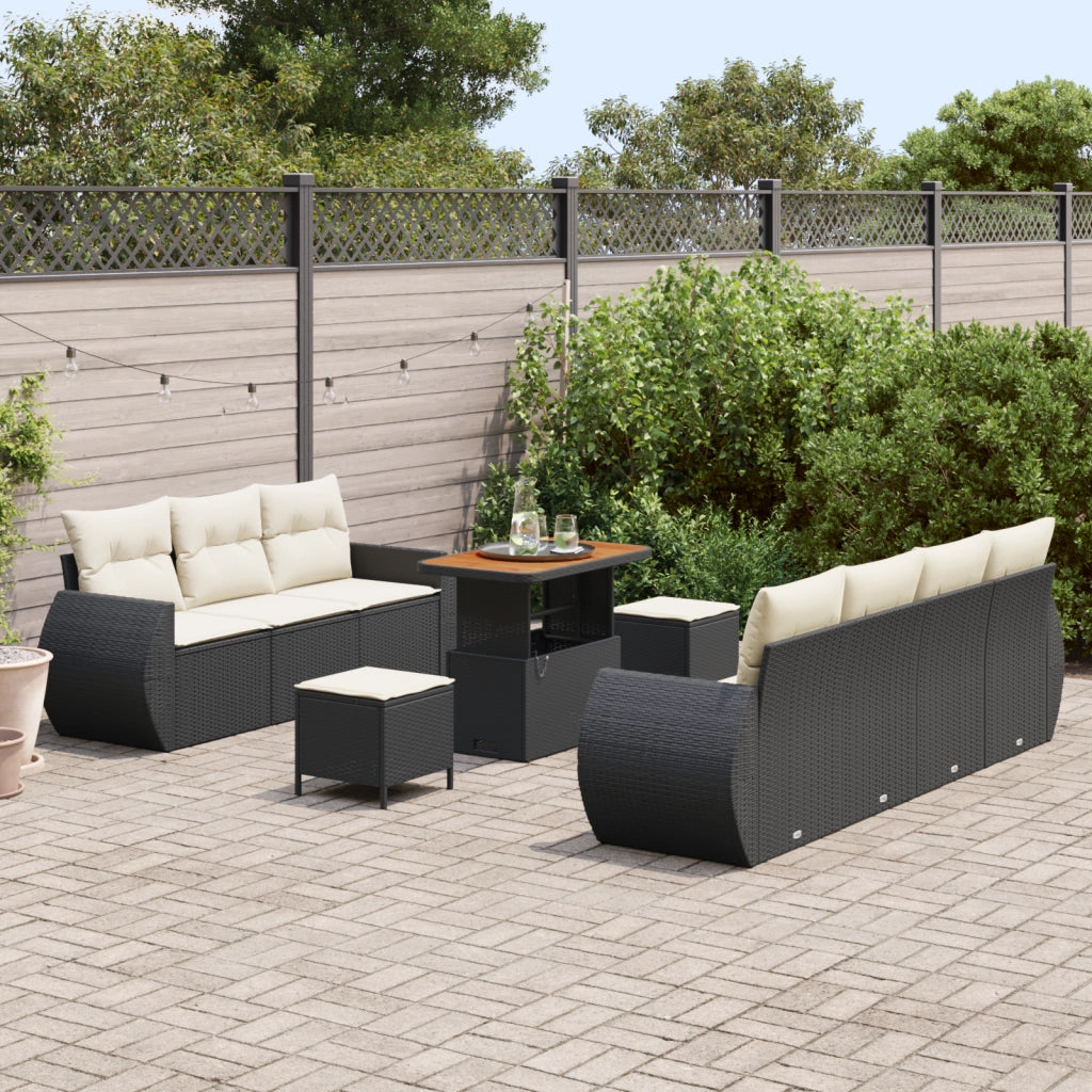 Set di divani da giardino da 10 pezzi con cuscini Nero Rattan sintetico Acacia