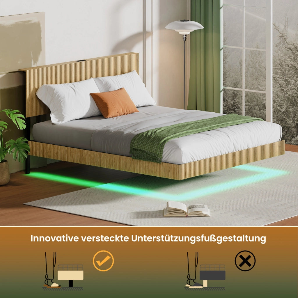 Letto con effetto sospeso, testiera scanalata, presa e luci LED