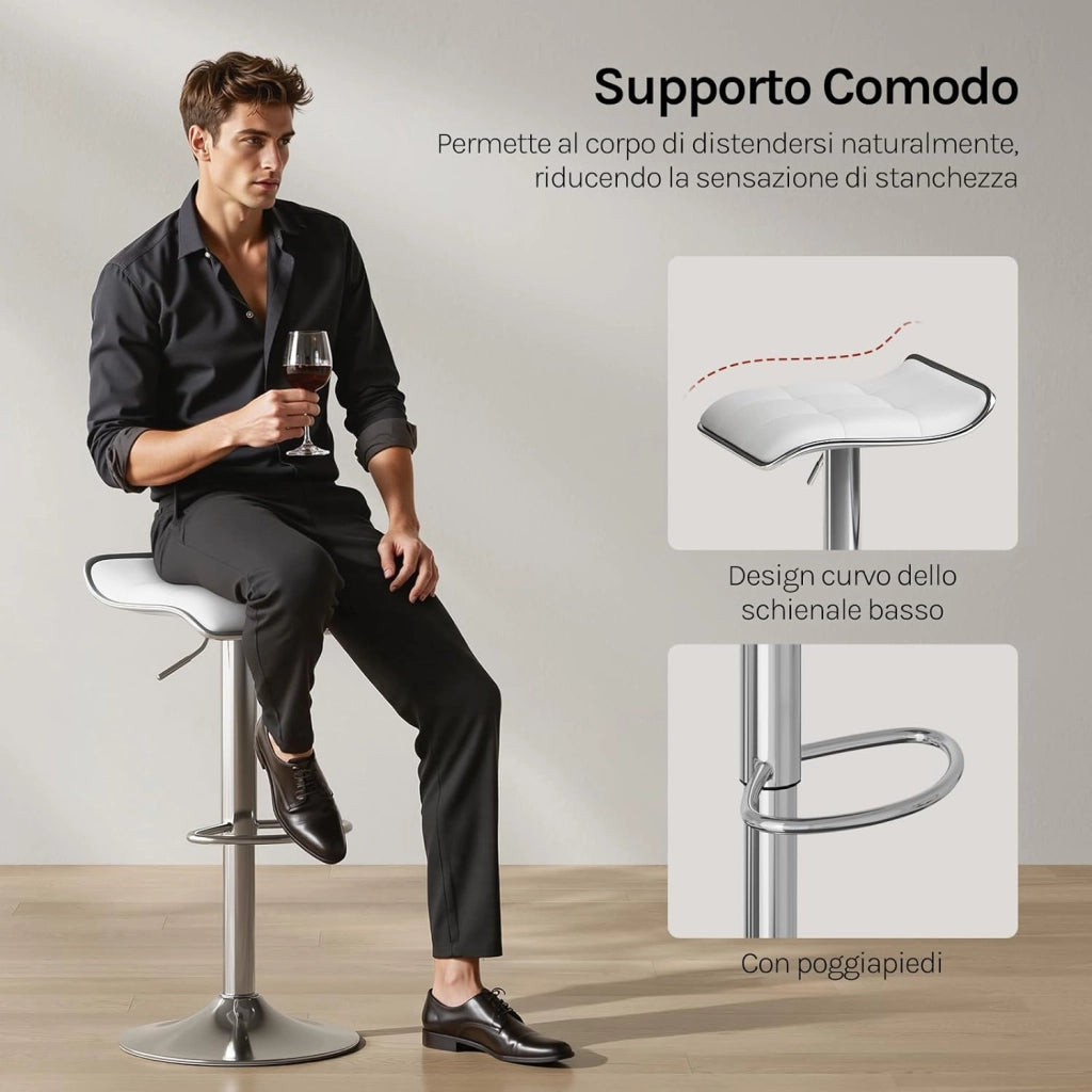 Sgabelli da Cucina/Bar Set di 4, Sedie da Bancone con Poggiapiedi, Altezza Regolabile, Girevoli a 360°, Rivestimenti in PU, Struttura in Metallo, Soggiorno, Bar, Caffè, Bianco