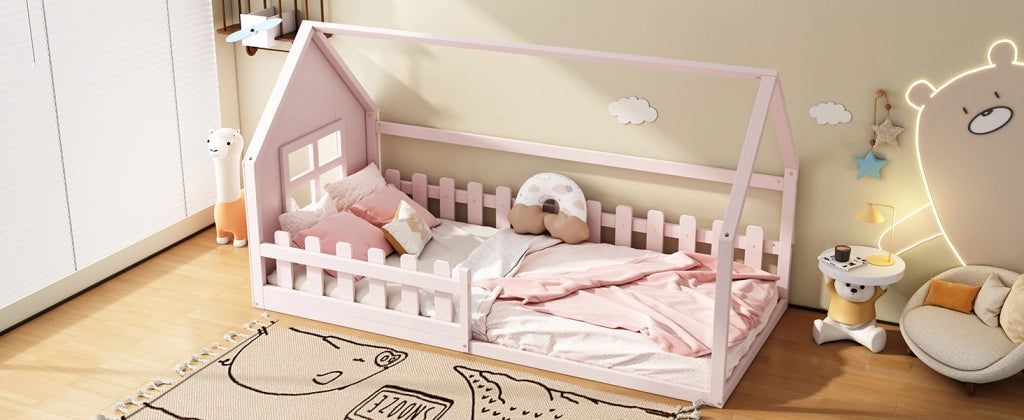 DESMIU Letto per bambini 1 posto con design a casetta, 90 × 200 cm, senza materasso, in pino e MDF, rosa