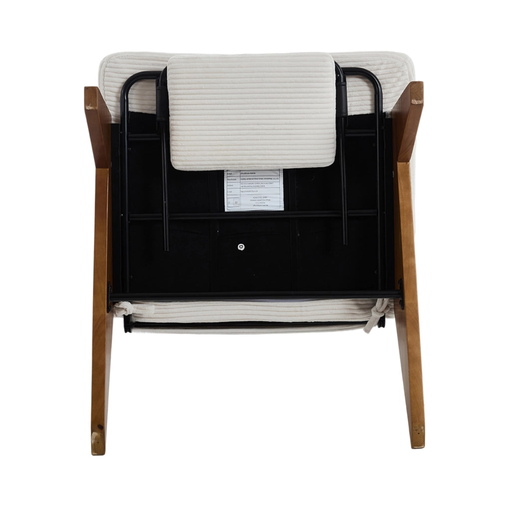 Poltrona relax reclinabile in corduroy beige con cuscino lombare e gambe in legno massello