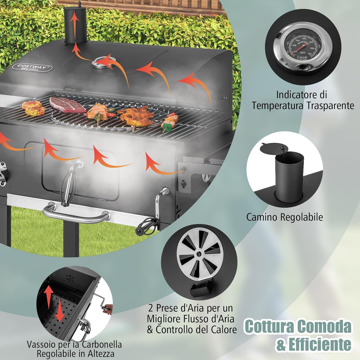 Barbecue a Carbone da Esterno a 2 Livelli, Barbecue all'Aperto in Metallo con 2 Ruote, 2 Tavolini Laterali a Ribalta, 8 Ganci, Ideale per Picnic, Campeggio, 128 x 54 x 117 cm