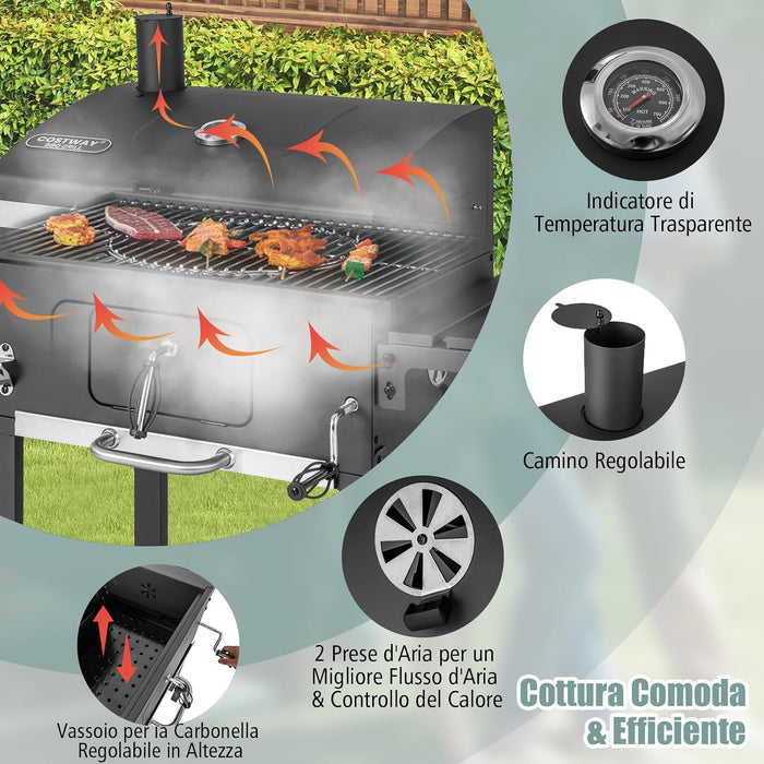 Barbecue a Carbone da Esterno a 2 Livelli, Barbecue all'Aperto in Metallo con 2 Ruote, 2 Tavolini Laterali a Ribalta, 8 Ganci, Ideale per Picnic, Campeggio, 128 x 54 x 117 cm
