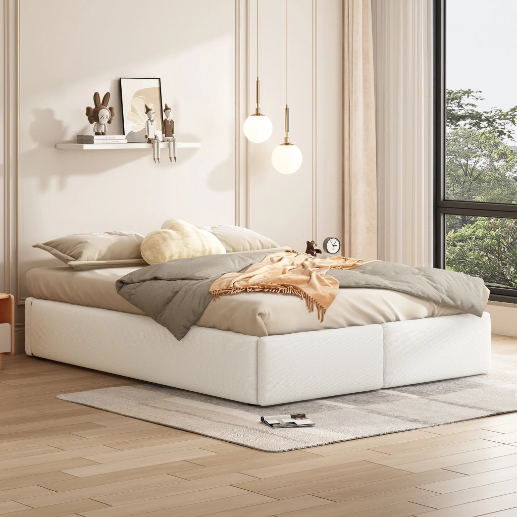 Letto imbottito 140x200 cm senza testiera con contenitore idraulico; 2 cassetti; bianco