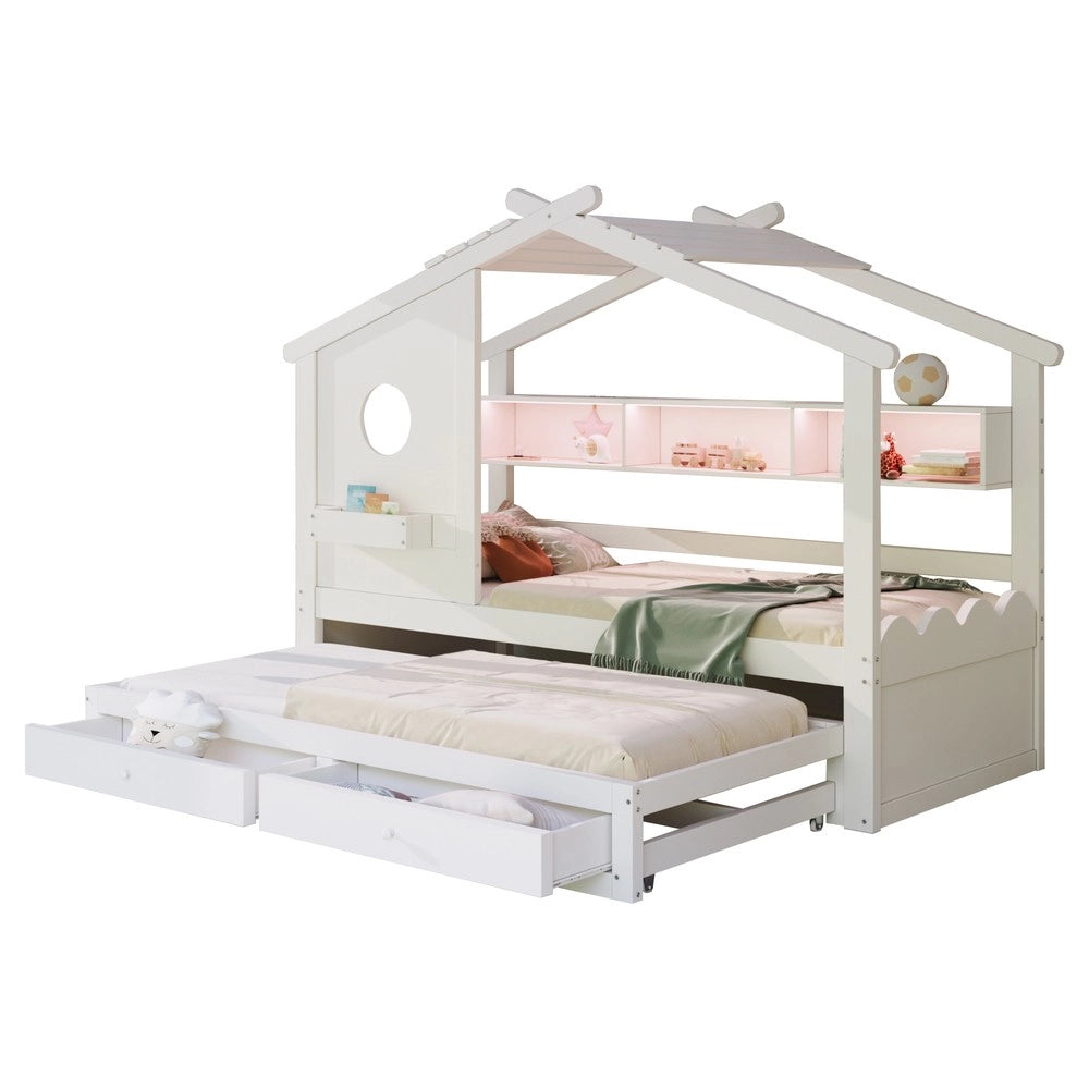 Letto Bambini a Casetta con Letto Estraibile ¨C Xylo ¨C Bianco, LED, USB, Cassetti, 90x200
