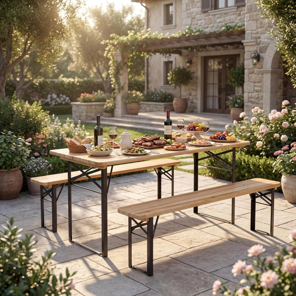 Tavolo e Panche da Birreria Pieghevoli in Legno Massello, Gambe in Metallo Resistenti, Set da Giardino Esterno per 4 Persone per Campeggio, Picnic e Incontri all'Aperto, 118 x 50 x 75 cm