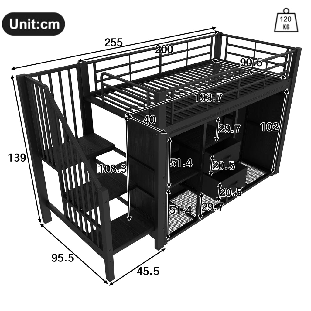 LETTO a soppalco 90x200 cm Nero con 2 cassetti, armadio aperto, LED