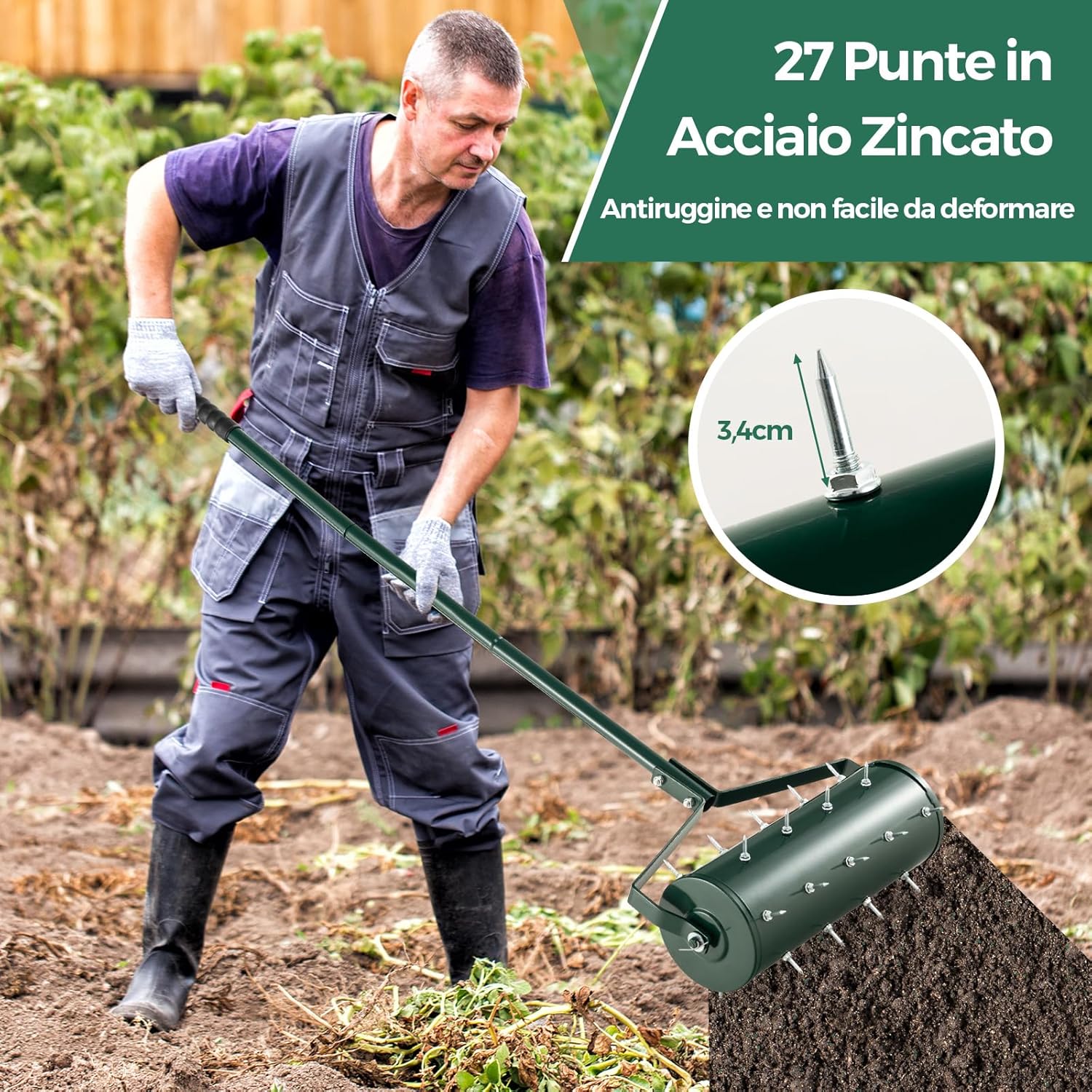 Arieggiatore Giardino 44/53 CM, Arieggiatore da Prato con Manico Rimovibile e Punte per Allentamento del Terreno, Arieggiatore Manuale per Prato, Giardino e Cortile (44 x 128 cm Verde)