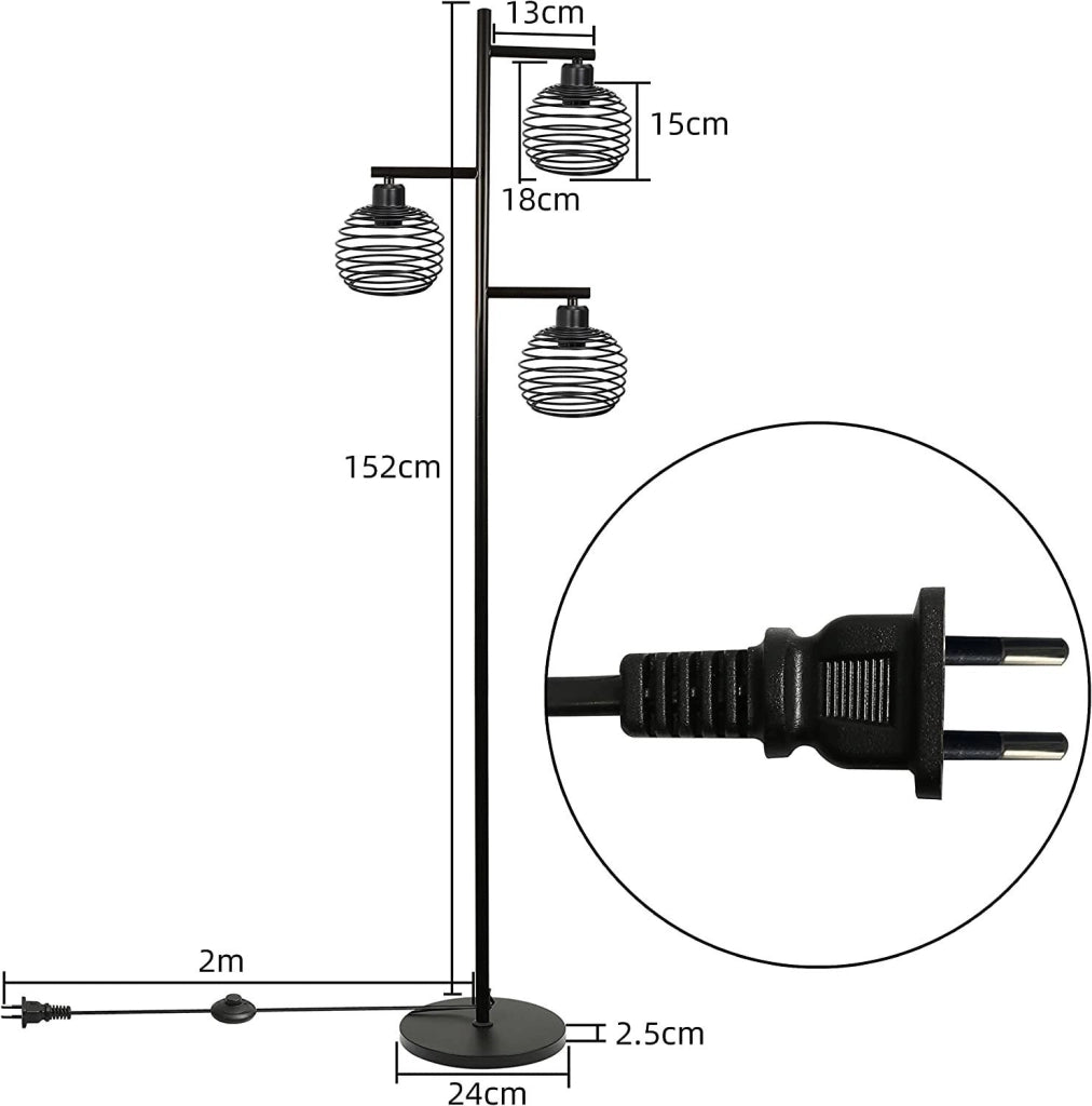 ZMH Lampada da terra vintage E27 nera tre luci interruttore a pedale soggiorno camera senza lampadine