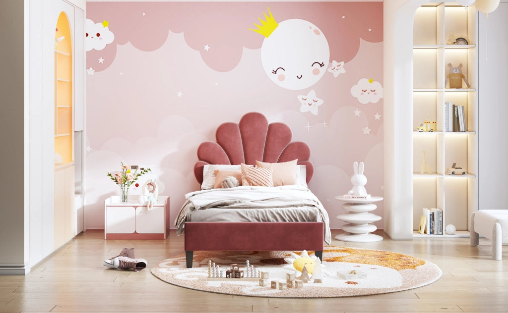 DESMIU Letto Singolo 1 Piazza con Testiera a Fiore e 12 Doghe, 90 × 200 cm, senza materasso, Velluto Rosso