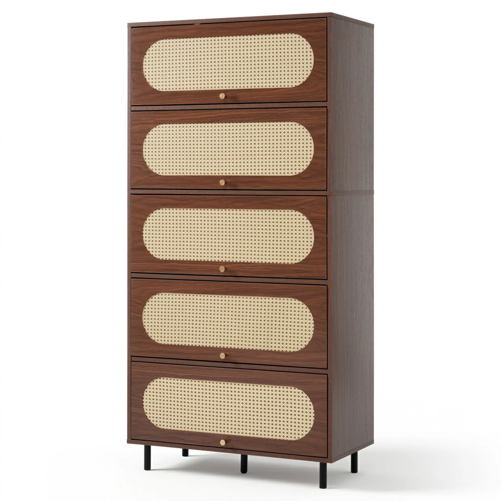 Credenza Alta con Ante a Ribalta ¨C MINIMAL ¨C Noce/Rattan, 80x40x163 cm