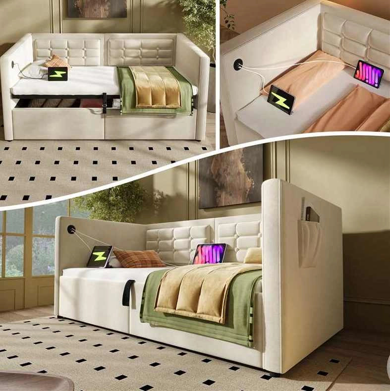 Letto divano imbottito 90x200 cm con contenitore idraulico, ricarica USB e Type-C, beige