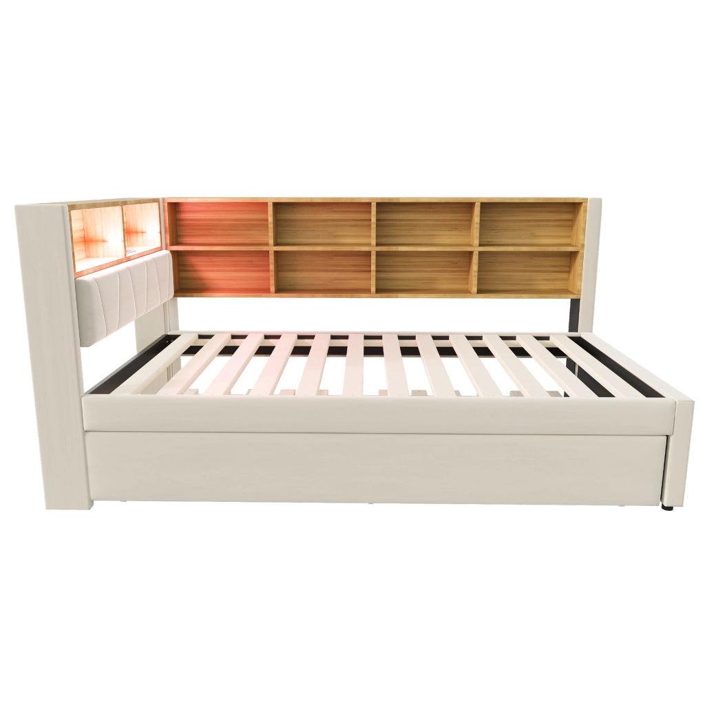 Divano letto singolo con letto estraibile, LED e USB, beige