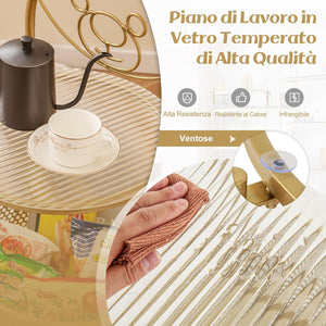 Tavolino da Caffè in Vetro, Tavolino Laterale a 2 Piani con Ruote, Motivo ad Orso, Cestino e Struttura in Metallo, Tavolino per Soggiorno, Camera da Letto e Studio (Oro)