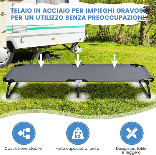Brandina Campeggio, Letto da Campeggio Pieghevole Portatile con Telaio in Metallo e Piedini Antiscivolo, per Campeggio, Spiaggia, Prato, Ufficio, Grigio