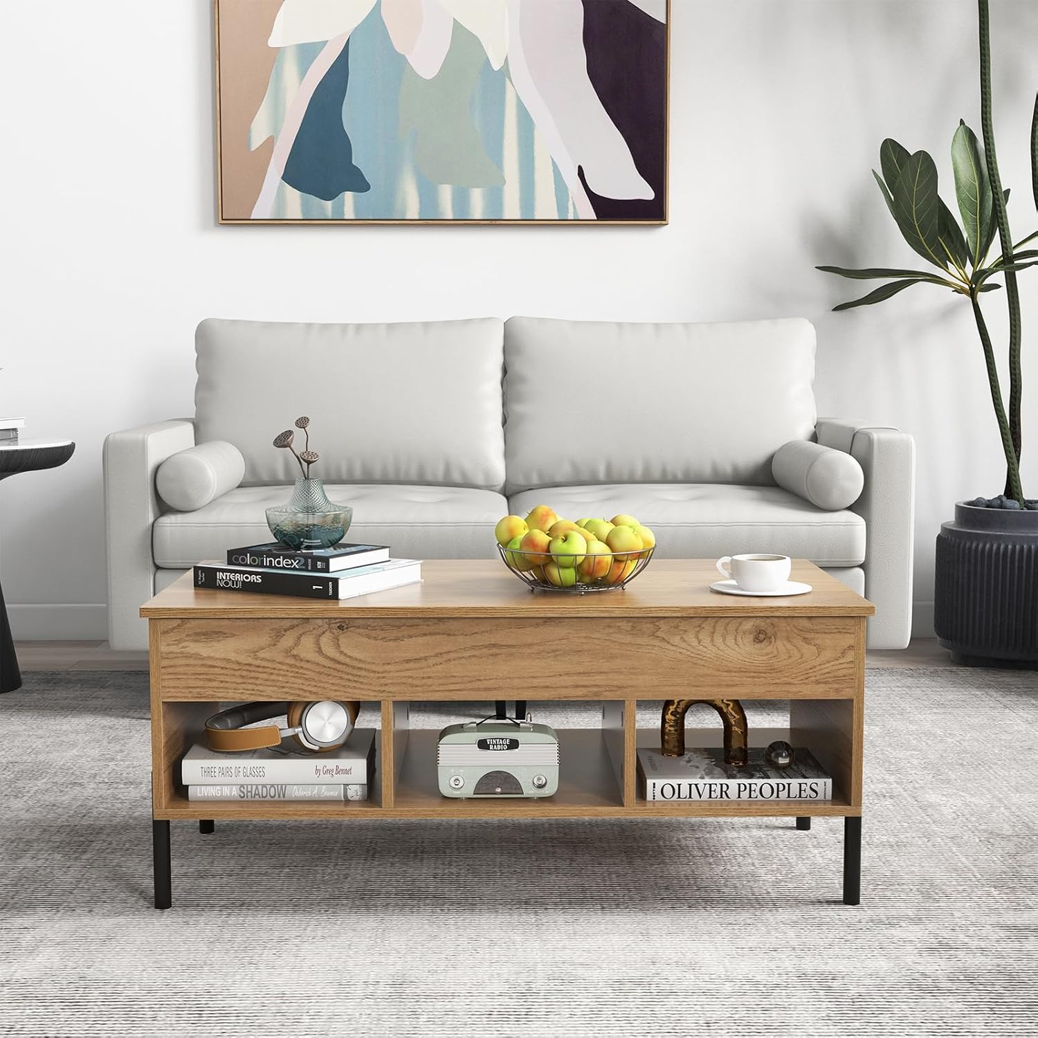 Tavolino da Caffè Sollevabile, Tavolo da Salotto con Piano Sollevabile, Ampio Comparto Nascosto e 3 Scomparti Aperti, Tavolo da Cocktail con Gambe in Metallo