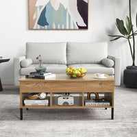 Tavolino da Caffè Sollevabile, Tavolo da Salotto con Piano Sollevabile, Ampio Comparto Nascosto e 3 Scomparti Aperti, Tavolo da Cocktail con Gambe in Metallo