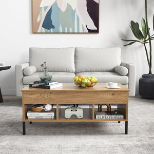 Tavolino da Caffè Sollevabile, Tavolo da Salotto con Piano Sollevabile, Ampio Comparto Nascosto e 3 Scomparti Aperti, Tavolo da Cocktail con Gambe in Metallo