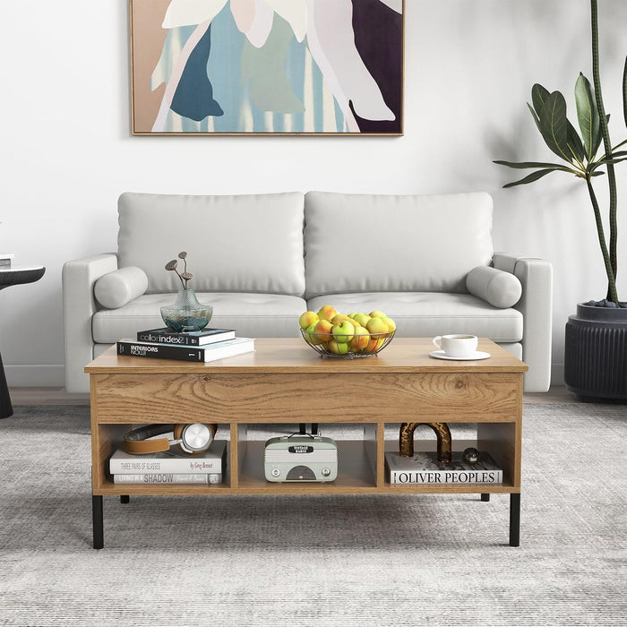 Tavolino da Caffè Sollevabile, Tavolo da Salotto con Piano Sollevabile, Ampio Comparto Nascosto e 3 Scomparti Aperti, Tavolo da Cocktail con Gambe in Metallo