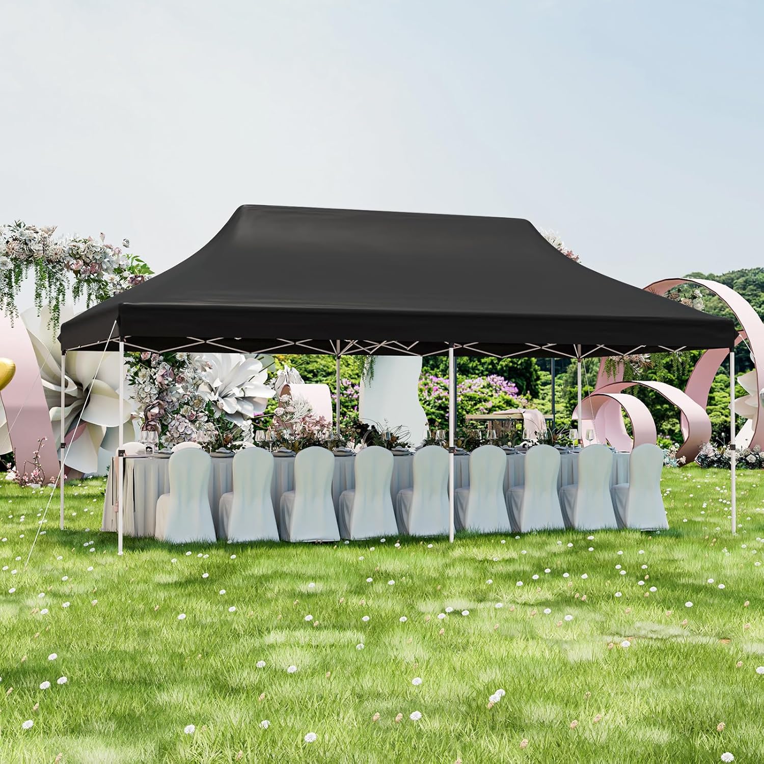 Gazebo Pieghevole da Giardino 3 x 6m, Gazebo Pop-up con Borsa da Trasporto, Regolabile in Altezza, per Feste, Barbecue, Giardino e Spiaggia (Nero)