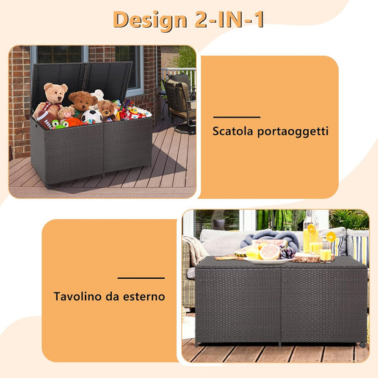 Baule da Giardino 662L, Panca Contenitore in Plastica con Coperchio, Maniglia e 2 Ruote Universali, in Rattan, per Interni e Esterni, 150 x 77 x 73 cm (Modello 3)