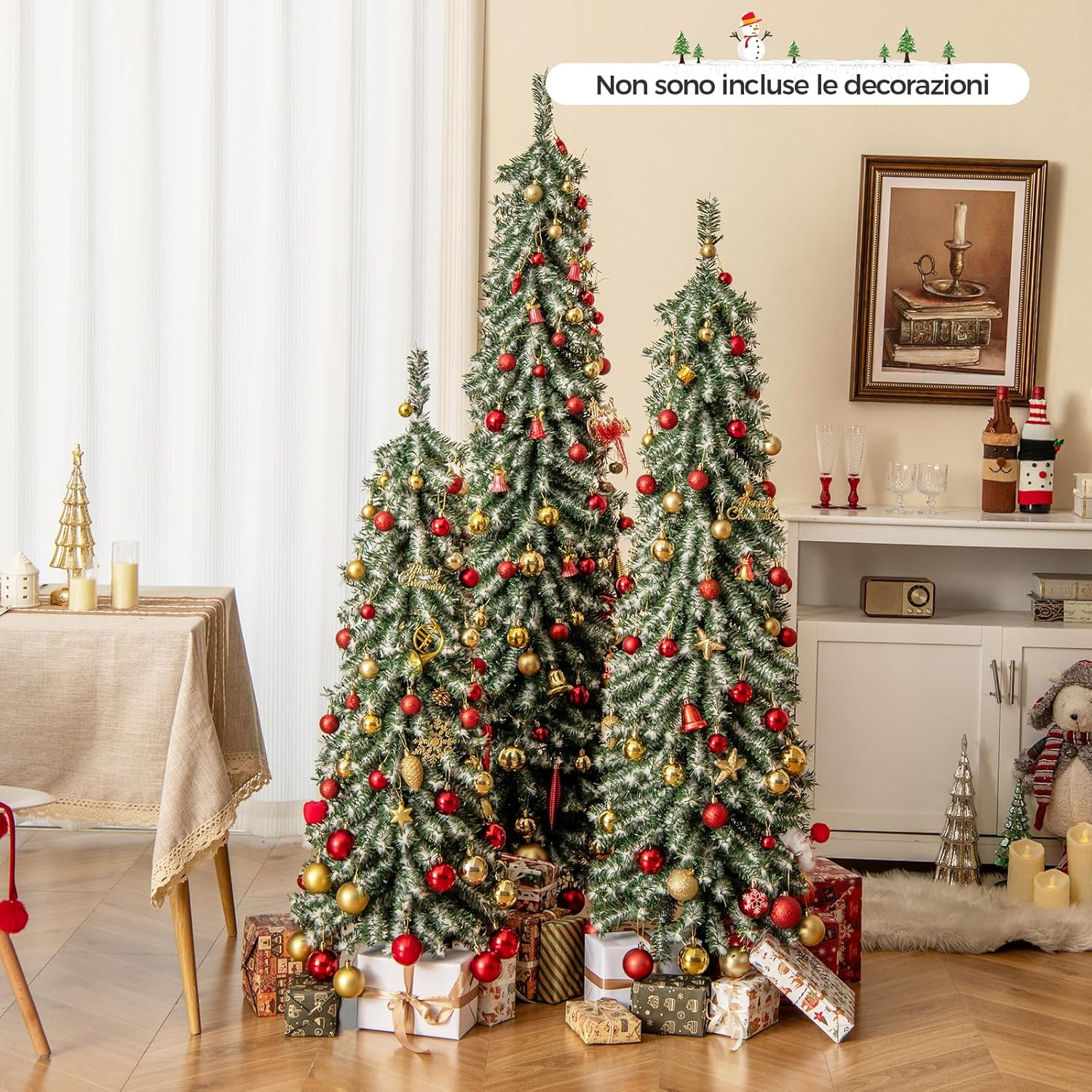 Albero di Natale Slim e Innevato con Luci 120/150 / 180 CM, Set di Alberi di Natale Artificiali Realistico con 216 & 302 & 505 Punte di Rami e 100 & 120 & 180 Luci LED