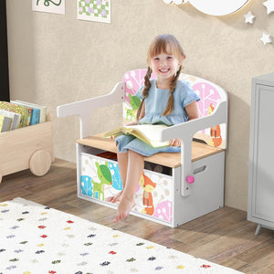 Cassapanca Contenitore 3 in 1 per Bambini Trasformabile in Legno con 2 Cassetti in Tessuto, Tavolo bambini con Sedie Multifunzione, Scatola dei Giocattoli per 3-7 Anni (Bianco)