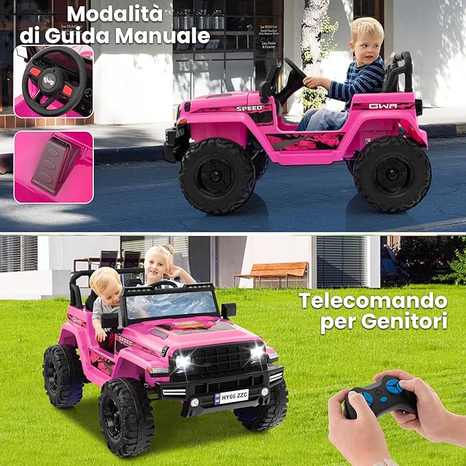 24V Auto per Bambini con Telecomando, Macchina Elettrica con 2 Posti musica Bluetooth luci, 2 Velocità Regolabile, Regalo per Bambini 3-8 Anni (Rosa)