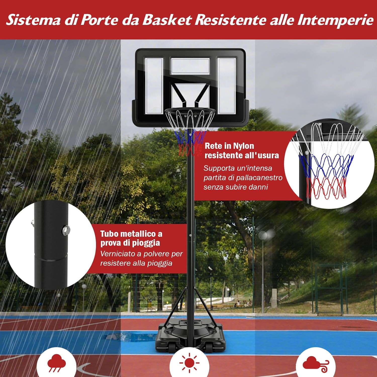 Canestro da Basket da Esterno ed Interno per Adulti, Canestro da Basket Professionale e Regolabile 230-305 cm con Ruote, Tabellone Antiurto da 110 cm e Contenitore per Palloni