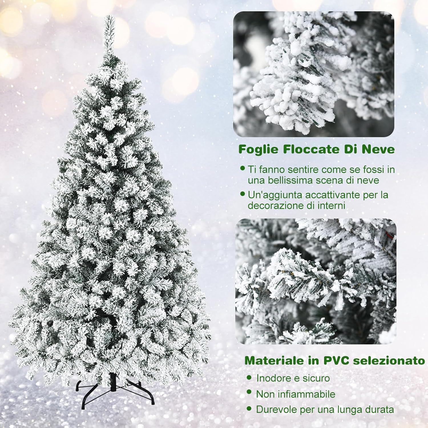 Albero di Natale Innevato 180/225 cm, Albero di Natale con 250/450 Luci a LED Bianco Caldo, 600/1010 Rami Folti e Base Metallica, Ideale per Casa, Ufficio e Negozio (180 CM)