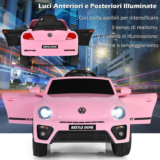 12V Volkswagen Macchina Elettrica per Bambini, Auto Elettrica con Telecomando Luci Musica Doppia Porta, 5km/h Carico 30kg, per Bambini 3-8 Anni (Rosa)