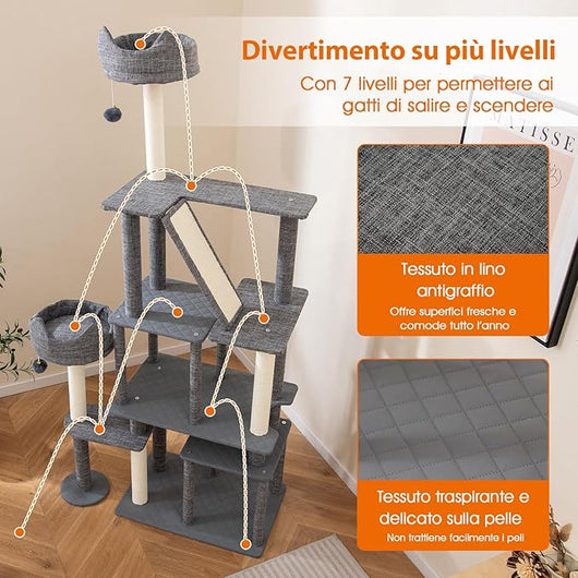 Tiragraffi per Gatto Alto 180 cm, Albero Tiragraffi Gatto con 8 Piattaforme, 4 Pali Sisal e 2 Palline Pompon, Torre Tiragraffi per Gatti con 2 Condomini Rimovibili, Grigio