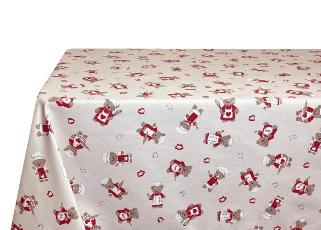 Tovaglia Per Salotto Cucina Tavolo 100% Cotone Made In Italy Orsetto Chef - 140x140 - Rosso