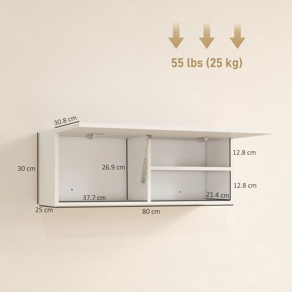 Mobiletto bagno pensile con anta a ribalta e ripiani, 80x25x30 cm, bianco