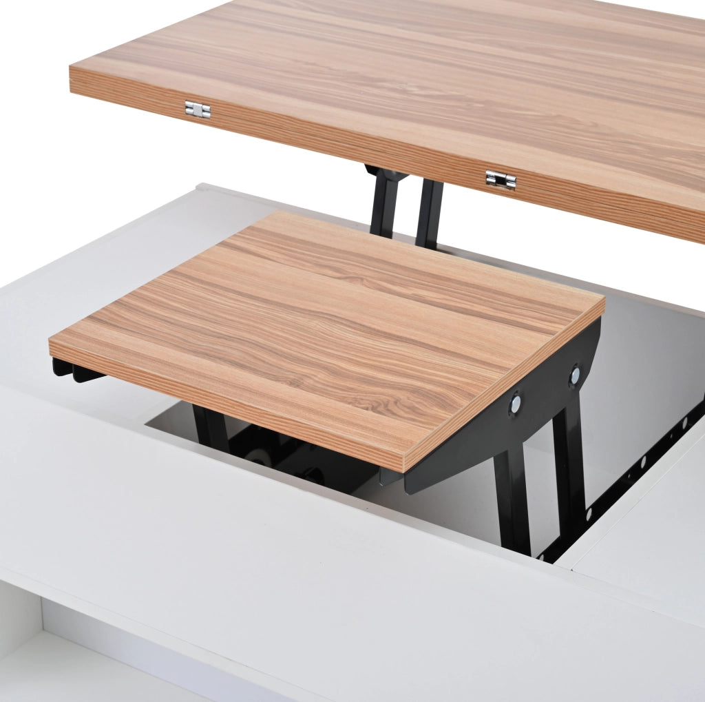 Tavolino da caffè 100x50x52 cm con piano sollevabile; 4 cassetti; ruote; truciolare bianco e naturale