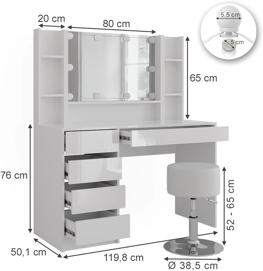 Tavolo da toeletta Sherry, Bianco/bianco lucido, 119.8 cm 5 parti
