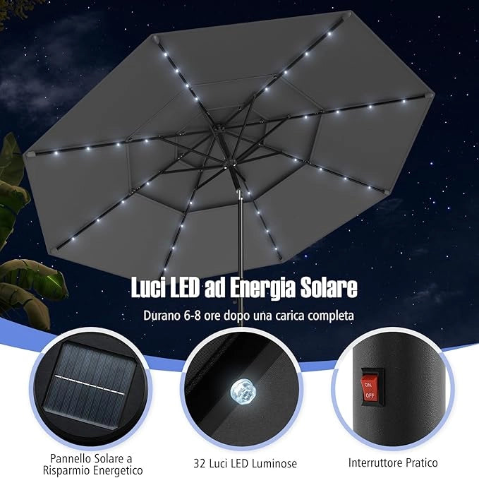 Ombrellone da Patio 313 cm con 32 Luci LED, Tetto Ventilato a 3 Piani, Inclinazioni Regolabili, Manovella, 8 Stecche, Ombrellone da Giardino, Piscina, Spiaggia
