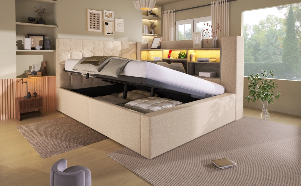 Letto matrimoniale 140x200 cm con contenitore idraulico, LED, USB, testiera L reversibile, beige