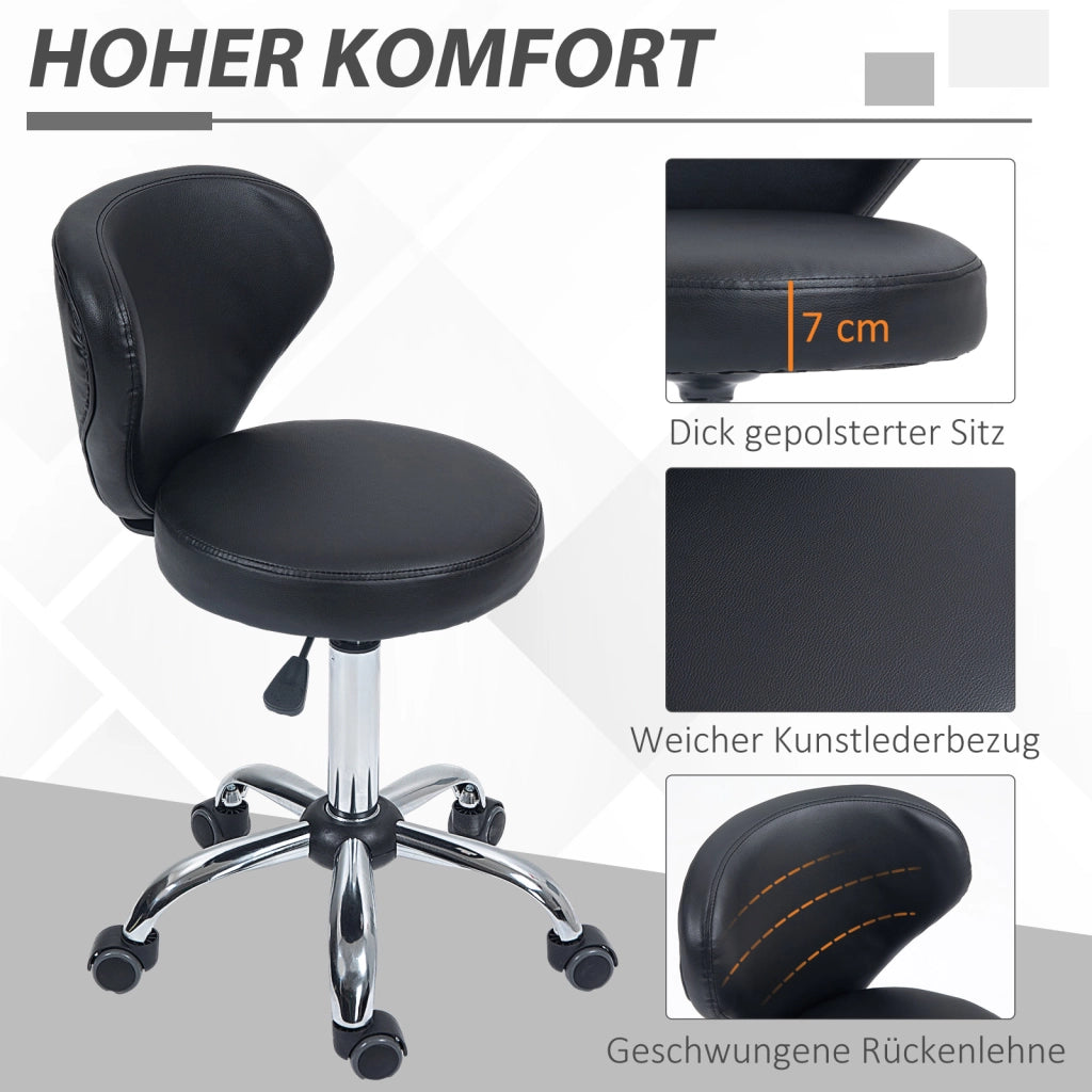 Sgabello girevole da lavoro con altezza regolabile e schienale ergonomico con ruote in pelle sintetica nera