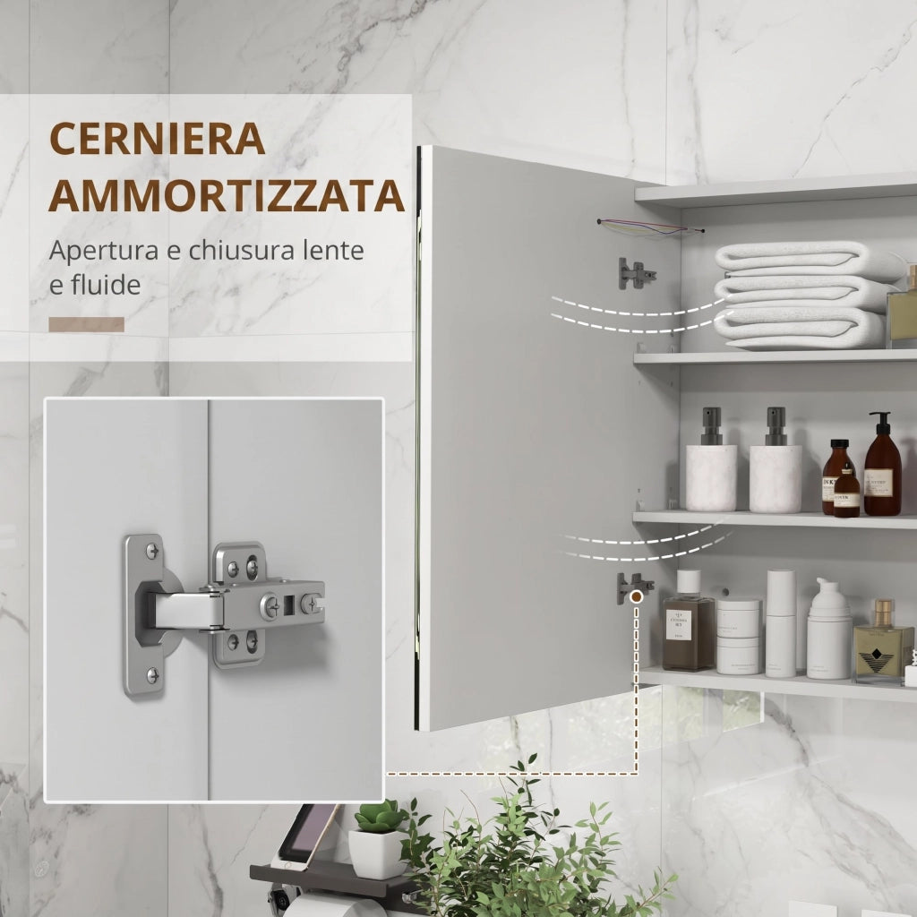 Specchio da Bagno Contenitore con Luce LED 80x15x65 cm Anta Soft Close Dimmerabile a 3 Colori Bianco Lucido