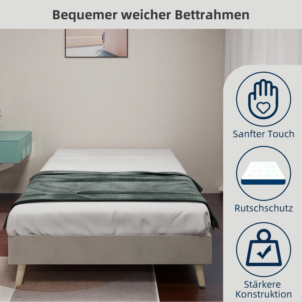 Letto Singolo 90x200 cm con Struttura in Metallo e Tessuto; Design Basso - Beige