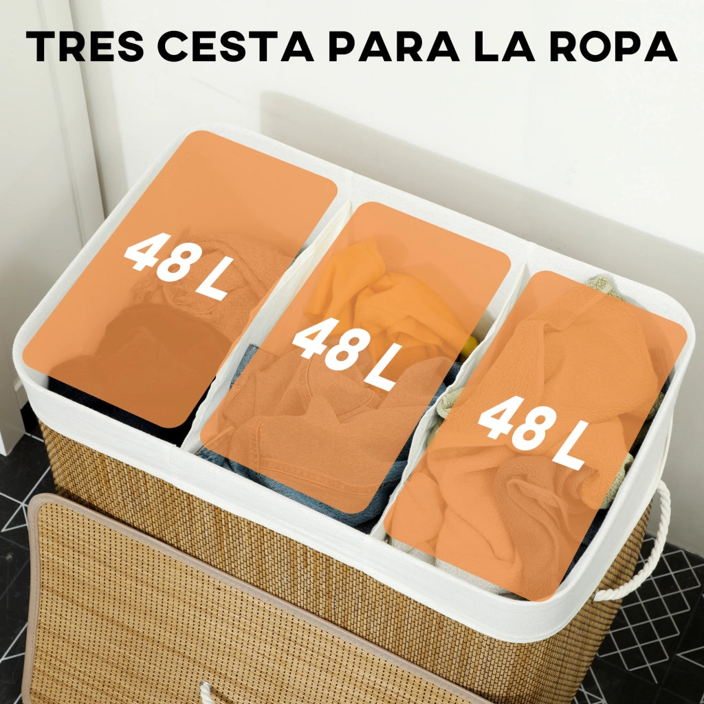 Cesto Portabiancheria 3 Scomparti Bamb¨´ ¨C Xylo ¨C 144L Marrone 60x40x60cm