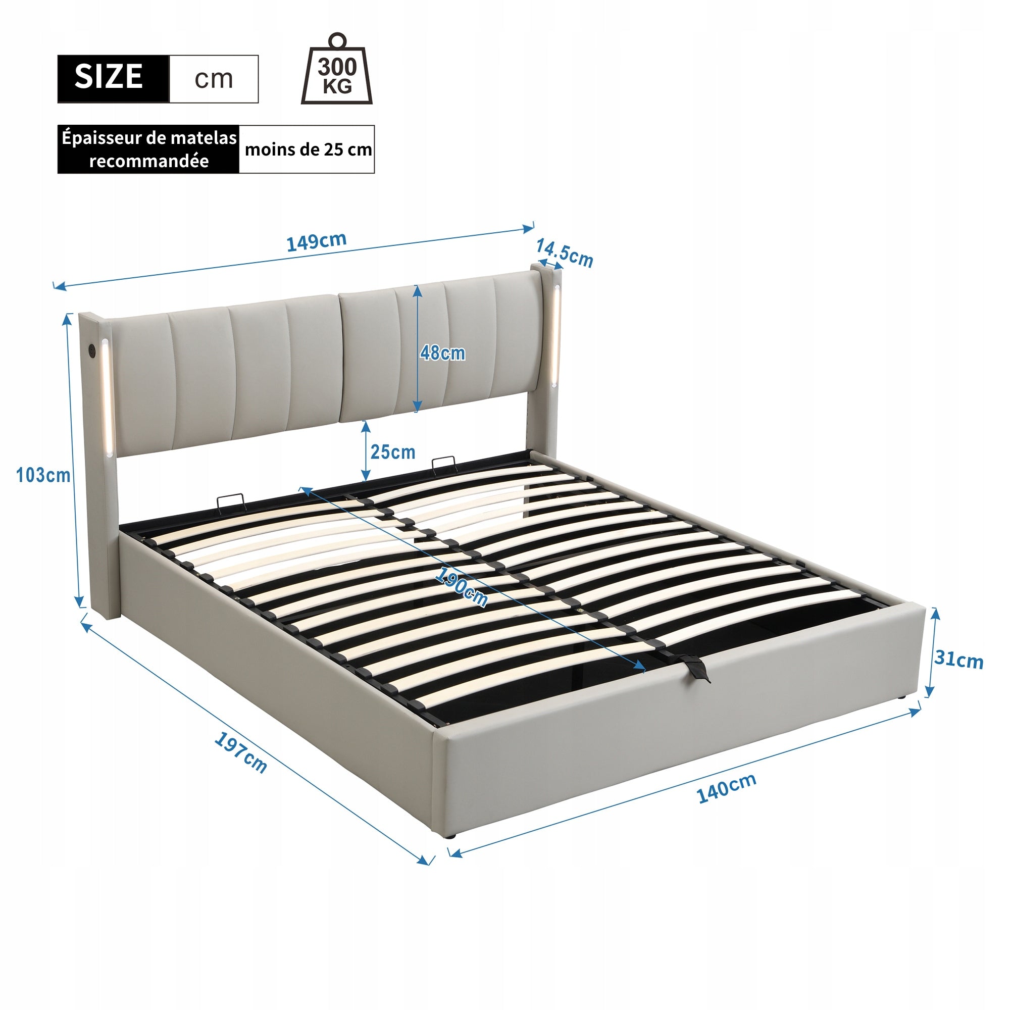 Letto imbottito con LED - Xylo - 140x190 - Grigio - Sistema idraulico